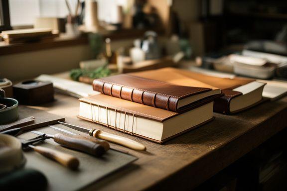 Traditional bookbinding tools and hand-bound leather books on a wooden workbench in a sunlit Tokyo atelier